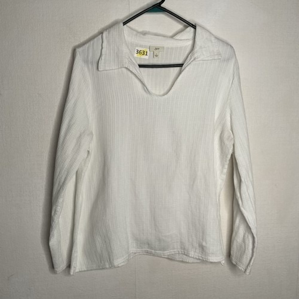 J.‎ Jill White Crinkled Long Sleeve Preppy Tunic Blouse Top Women L India Cotton